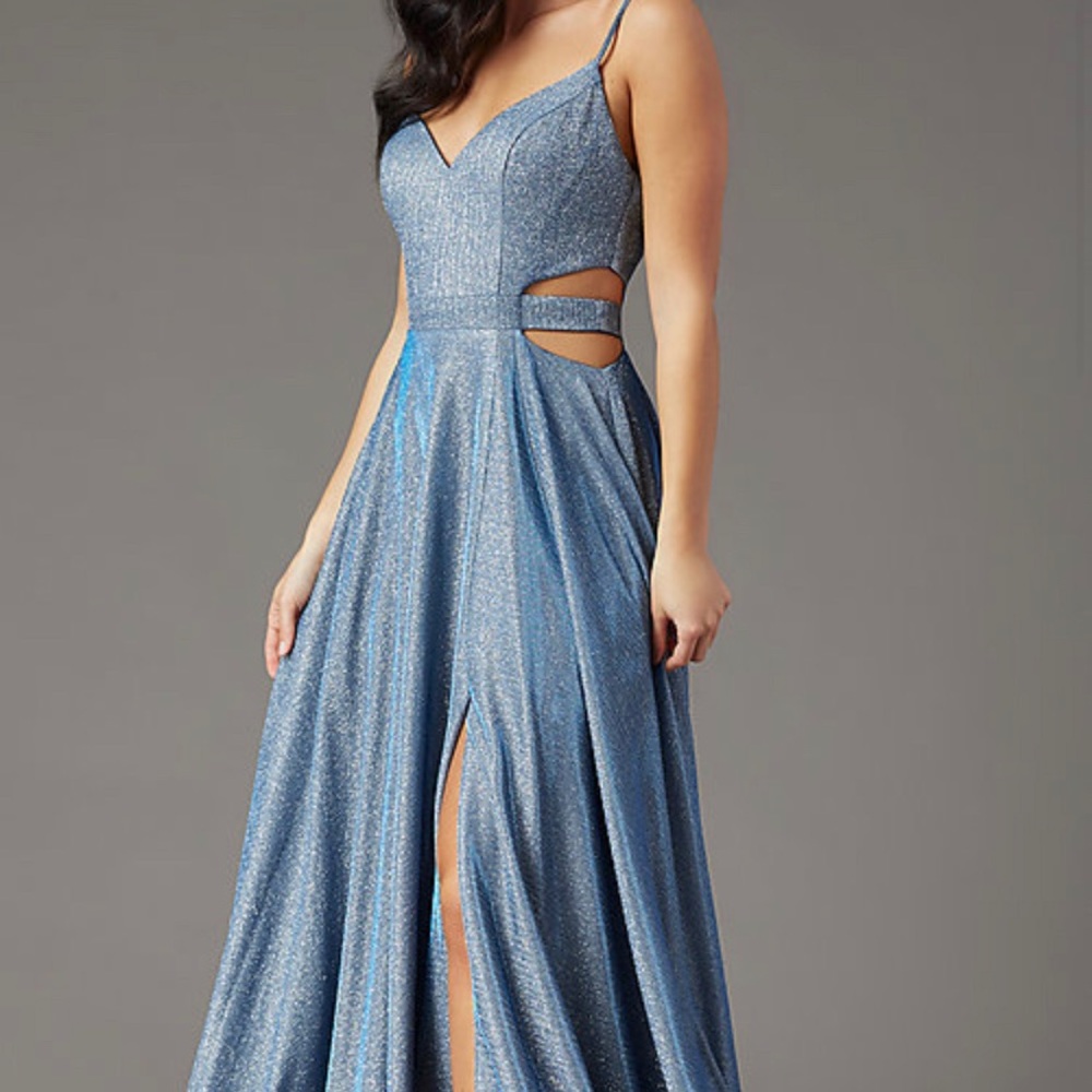 Long Dusty Blue Glitter Prom Dress By PromGirl - Picture 4 of 5